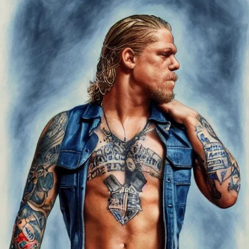 Image similar to Portrait of Jax Teller in blue jeans, Sons of Anarchy Tattoed on his back, intricate upper body, highly detailed, digital painting, artstation, concept art, smooth, sharp focus, illustration, art by Hajime Sorayama