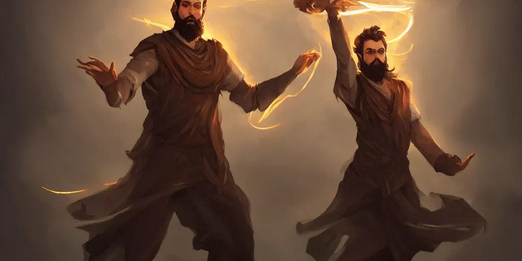 Image similar to a handsome brown hair bearded male sorcerer, he is casting a lighting spell, full body, light rays, bloom, epic pose, epic composition, dramatic lighting, concept art, award winning, trending on artstation