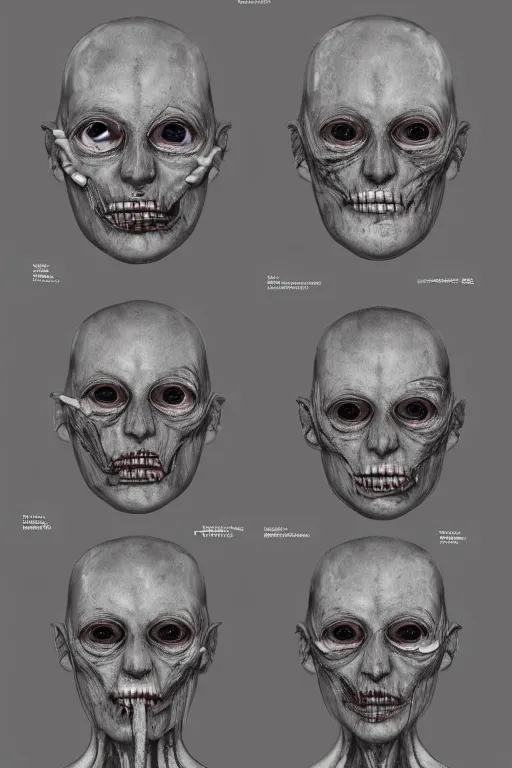 Prompt: latin facial anatomy with gunmetal grey skin, medical anatomy, very symmetrical face, highly detailed, three - perspective / three - view reference sheet ( front / back / side ), in the style of dan ouellette, steven jung, amanda lilleston, hr giger, sil from species, dren from splice, mecha, artstation, unreal engine