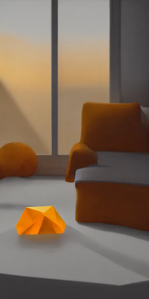 Image similar to a giant orange and yellow crystal on a white table near a window at sunset, hyperrealistic, highly detailed, high qualit, 8K, godrays, warm lighting, path traced, high coherence, calm, macro photo, symmetrical, photorealistic, low contrast, serene landscape, beautiful, geometric