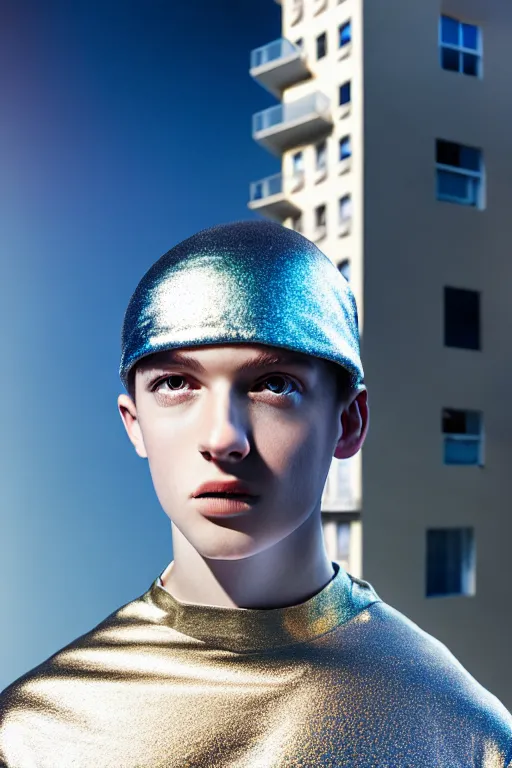 Image similar to un ultra high definition studio quality photographic art portrait of a young man standing on the rooftop of a british apartment building wearing soft padded silver pearlescent clothing. three point light. extremely detailed. golden ratio, ray tracing, volumetric light, shallow depth of field. set dressed.