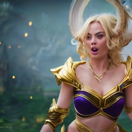 Prompt: hyper realistic action shot of Lux in League of Legends played by Margot Robbie, 4k, Carl Zeiss, sigma, Tamron so 85mm, stunning arcanum backdrop, magic, ornate set design, cinematic, lute