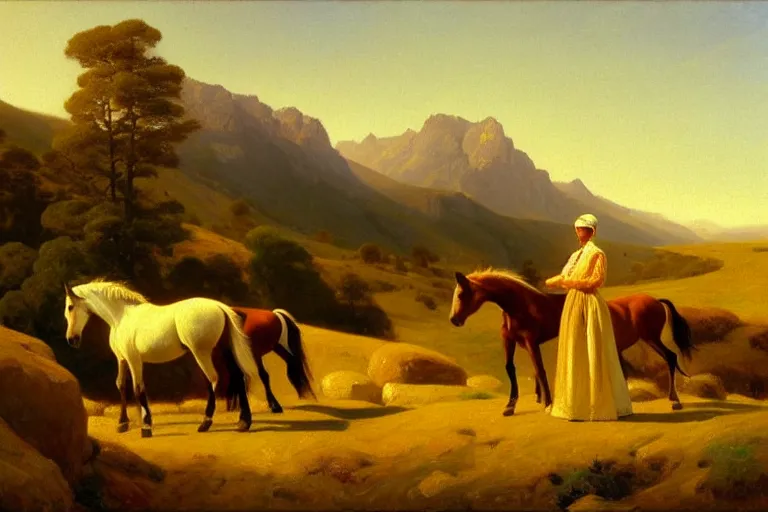 Prompt: scenic western mountain landscape with wild horses and a woman in a long white traditional dress, Anna Ancher & Asher Brown Durand, oil on canvas, beautifully daylight, artstation