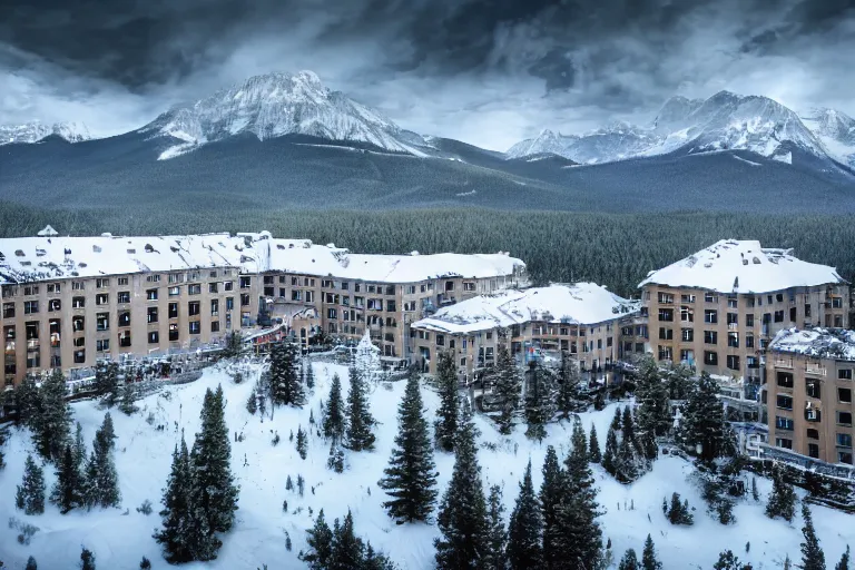 Image similar to The Shining Overlook Hotel, Rocky mountains, snow, scary, matte painting, cinematic composition, hyper realistic, highly detailed, concept art, low key lighting, high dynamic range, depth of field, moment cinebloom filter, cinematic color grade