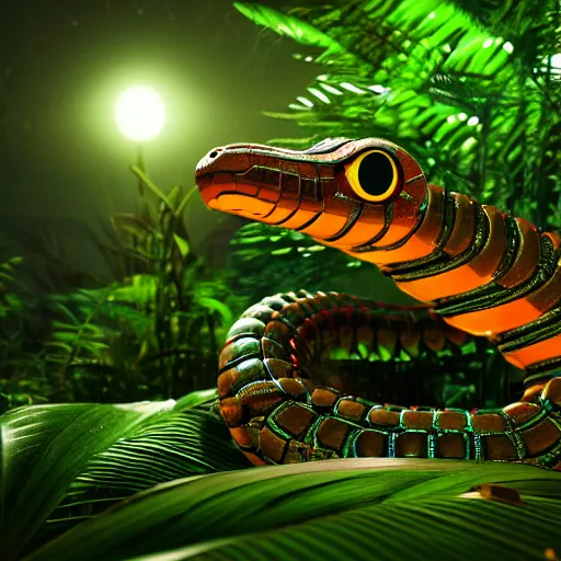 Image similar to robot snake in the middle of the jungle spying enemy country, red glowing eyes, dense jungle, middle of night, hd, uhd, 8 k, octane render