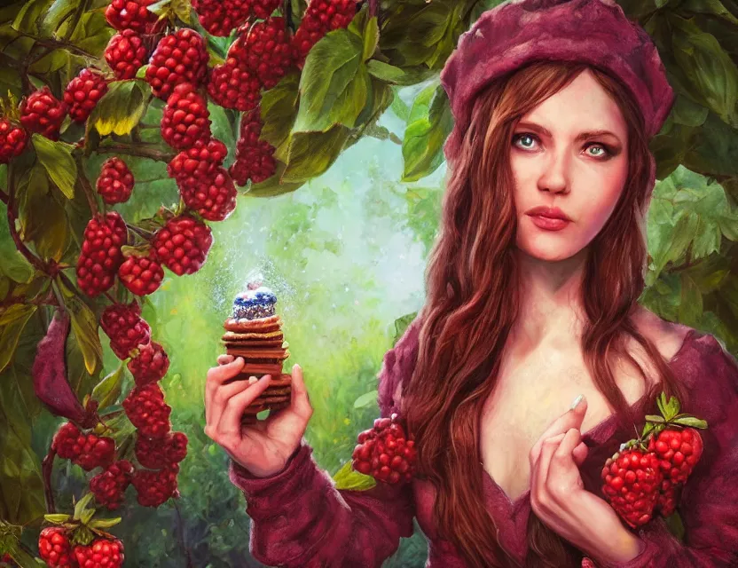 Image similar to berry priestess of the waffle mountains. oil painting by award - winning comic book artist, chiaroscuro, intricate details, bokeh, backlighting, field of depth, safe for work