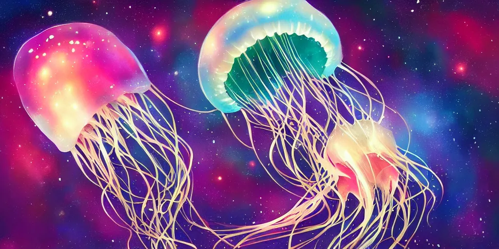 Prompt: Beautiful colored jellyfish in space, gorgeous, amazing, elegant, intricate, highly detailed, digital painting, artstation, concept art, sharp focus, illustration, art by Ross tran