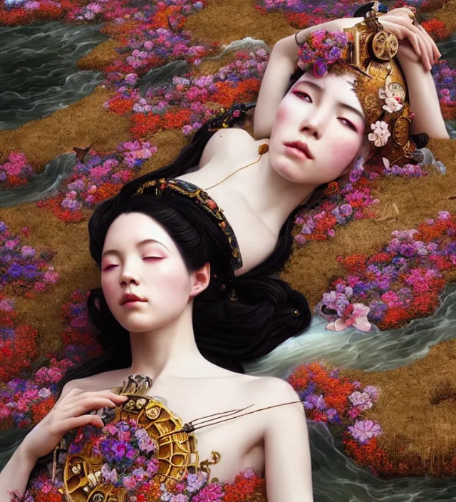 Image similar to baroque portrait of one steampunk bohemian geisha woman of porceline skin lying down in a river made of thousand of flowers, cinematic lighting, photorealistic, octane render, 8 k, depth of field, art by artgerm and greg rutkowski and alphonse mucha and uang guangjian