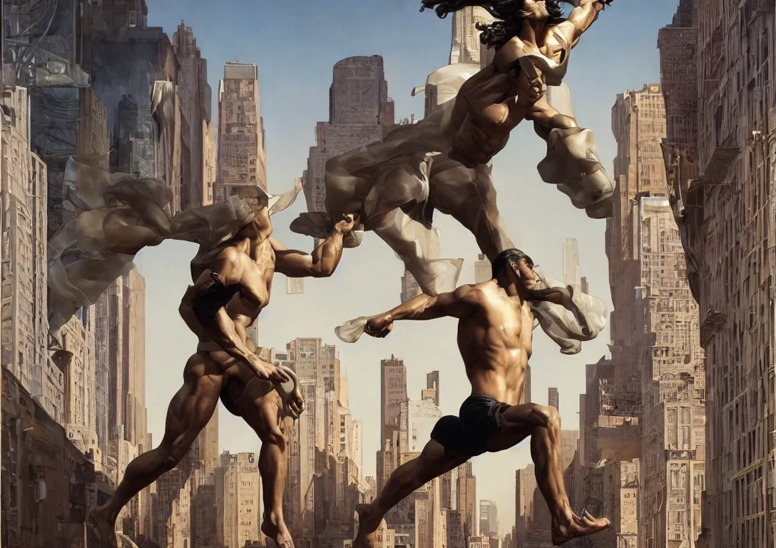 Prompt: a latino greek god running through the streets of a glass and steel metropolis, muted color scheme, by olivier valsecchi, thomas blackshear and moebius