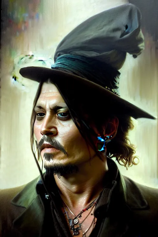 Prompt: hyperrealist portrait of johnny depp by jeremy mann and alphonse mucha, fantasy art, photo realistic, dynamic lighting, artstation, poster, volumetric lighting, very detailed faces, 4 k, award winning