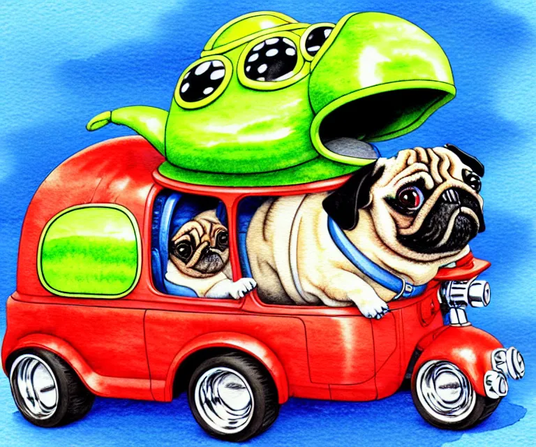 Image similar to cute and funny, pug wearing a helmet riding in a tiny hot rod with oversized engine, ratfink style by ed roth, centered award winning watercolor pen illustration, isometric illustration by chihiro iwasaki, edited by range murata, tiny details by artgerm and watercolor girl, symmetrically isometrically centered