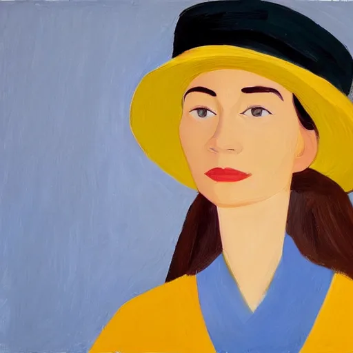 Image similar to beautiful woman with hat, by Alex Katz, colorful, light, oil on canvas