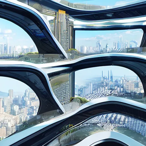 Image similar to futuristic penthouse view on city flying cars