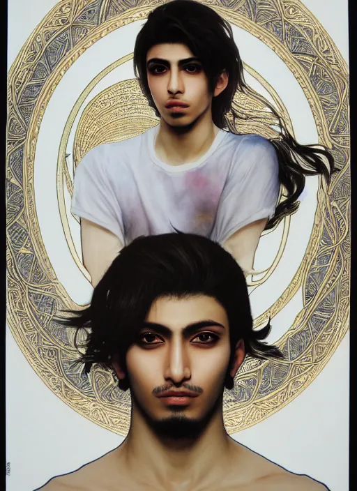 Image similar to beautiful medium shot portrait of a young arabic man inspired by ayami kojima with short hair dressed with a white t - shirt looking into the camera from three - quarters, white background white bank studio light, art by yoshitaka amano, alfons mucha, final fantasy, high quality, 8 k