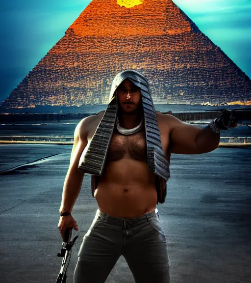 Image similar to a beefy man with a machine gun, egyptian pyramid in the background, 4 k, sharp focus, real life photo, highly detailed, cinematic, photorealistic, cyberpunk, book cover