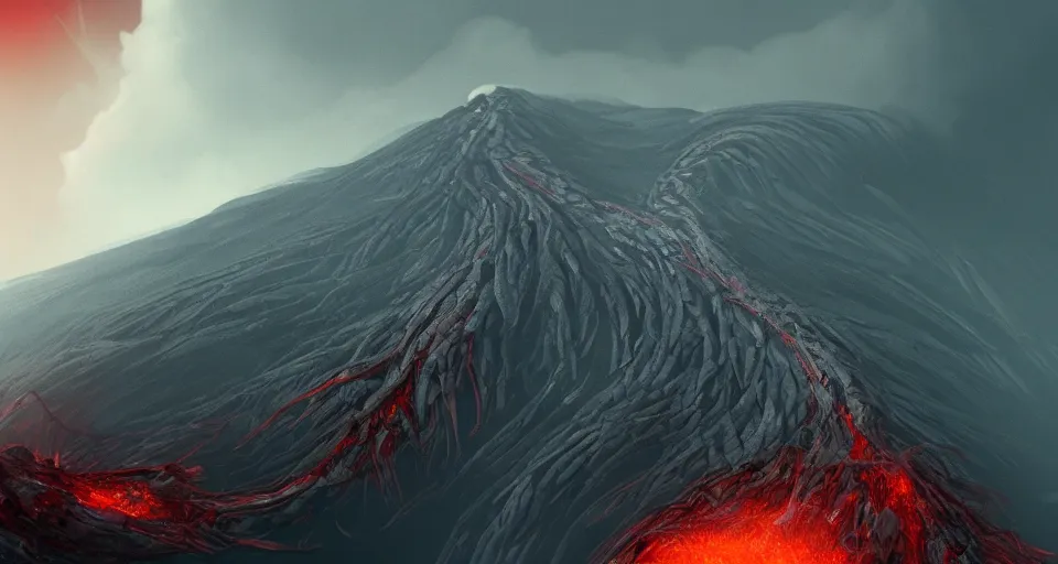 Prompt: a volcano made of ivory vines and crimson rocks enters in eruption, it spits a smoke in the shape of demonic eye, by Artstation