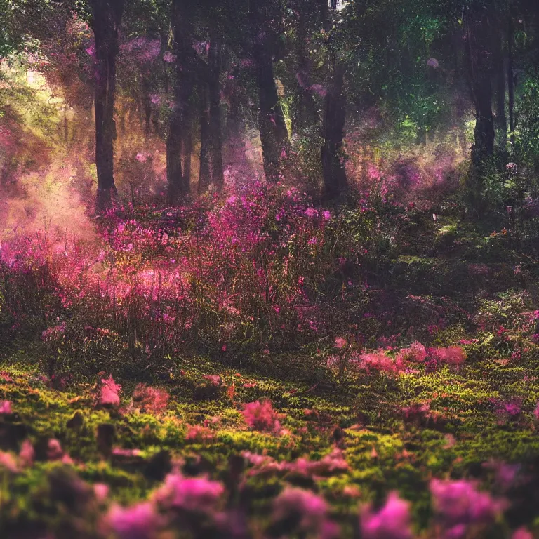 Image similar to a planet of various fungus like trees, mushrooms, flowers and plants, artistic photography, conceptual, long exposure outside the city, volumetric light