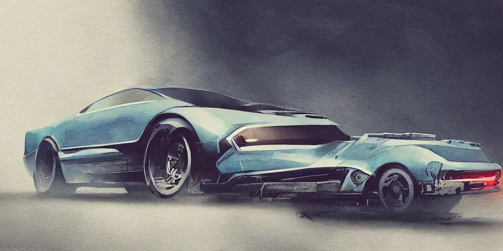 Image similar to vintage muscle car design, futuristic, kyza, ash thorp, simon stalenhag, hard surface, cyberpunk , sci-fi, wide body, sport car, exotic, in watercolor gouache detailed paintings