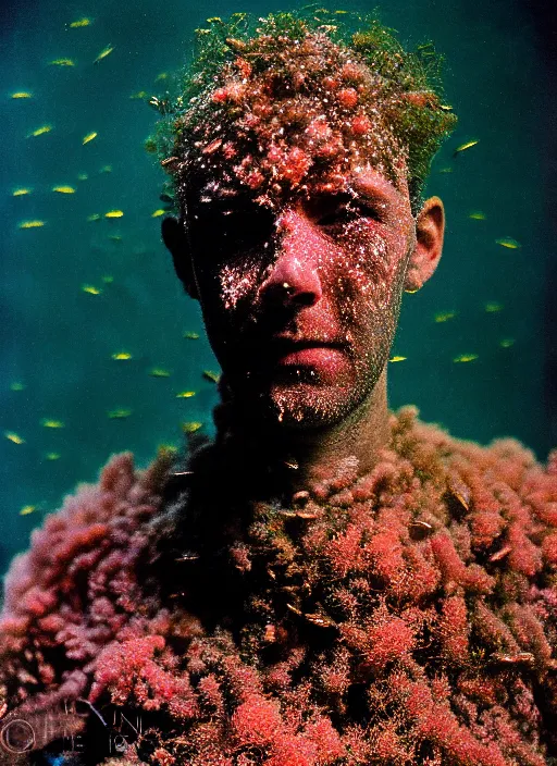 Prompt: realistic photo of a blurred face of a man, covered in shriveling dead coral reef, emitting aura, with a scared shock expression, sitting in a pitch black room with a spotlight shining on him 1 9 6 0, life magazine photo, natural colors, metropolitan museum, kodak, 8 k, very detailed, high resolution, product photo,