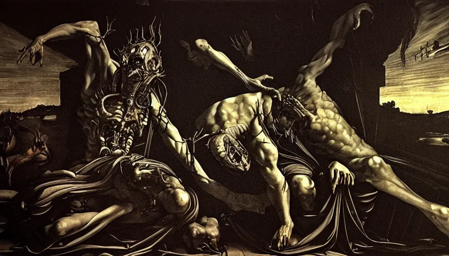 Prompt: highly detailed dark rotting god sit on the tron, night, death, fear, horror, religion, monochrome, caravaggio, hyperrealism, detailed and intricate environment