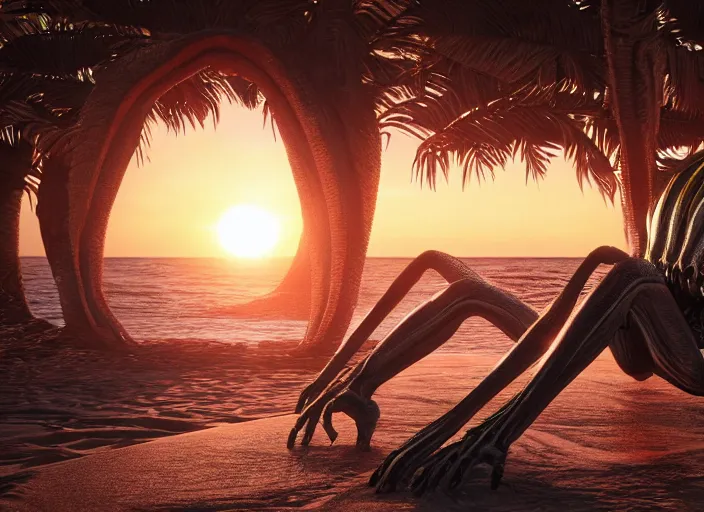 Prompt: symmetrical - face!!! a xenomorph alien relaxing on a beach in jamaica, cinematic lighting, sunset, 8 k - resolution!!, hyperrealism, national geographic, award winning, artstation, unreal engine 5, octane, redshift