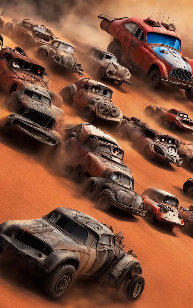 Prompt: pixar cars racing fast in the world of mad max fury road. 4 k ultra detailed