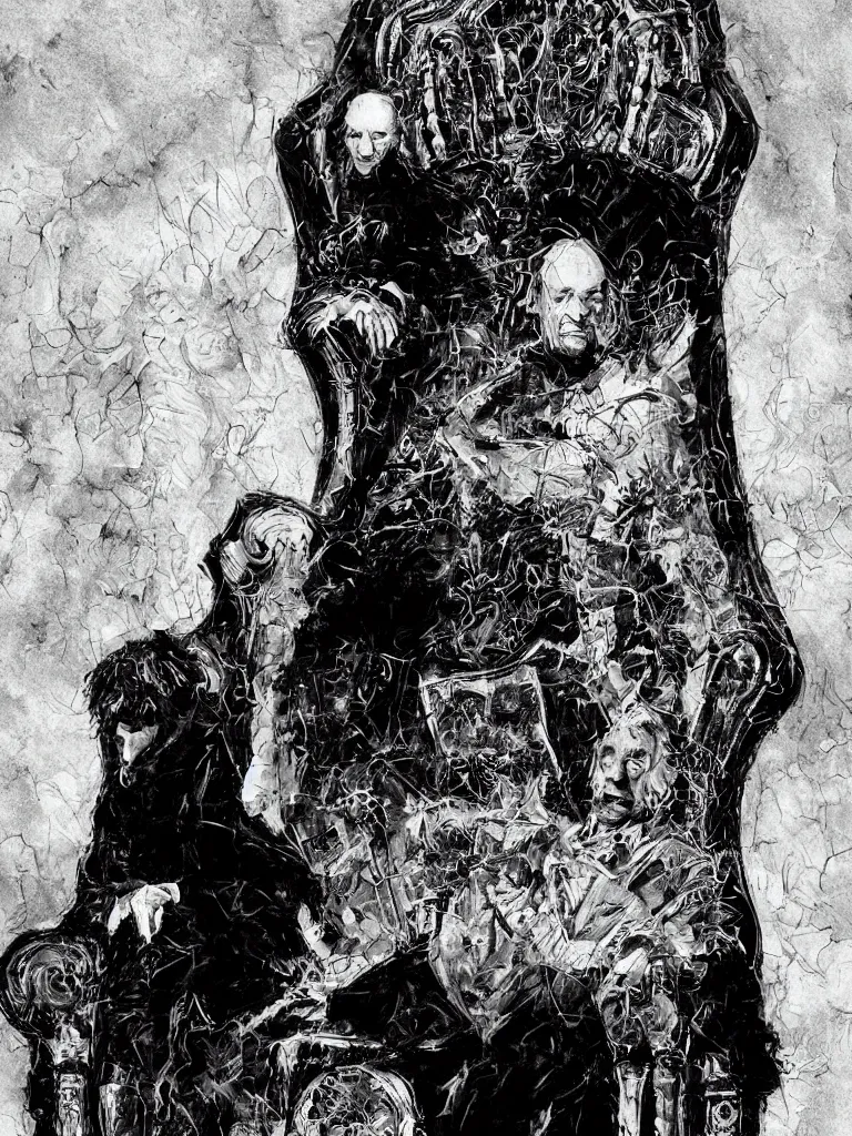 Image similar to portrait of king neil gaiman on his throne, mike dringenberg and dave mckean