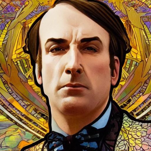 Image similar to saul goodman portrait picture by alfons mucha, golden hour, realistic, body shot, sharp focus, 8 k high definition, insanely detailed, intricate, elegant, cherry blossoms