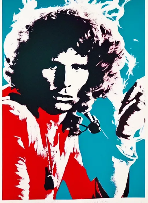 Prompt: Jim Morrison Poster, 1970's, Poster, screen print, Cream paper, black, red and cyan ink, pintrest.com