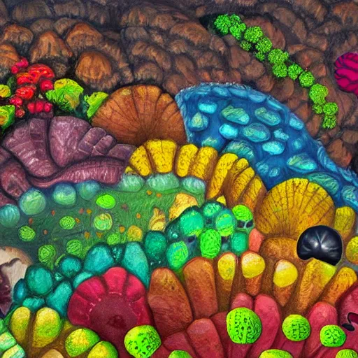 Prompt: painting of a colorful fungus garden in a cave, birds eye view, dark, foggy, cavern, shy beetles, river running through it