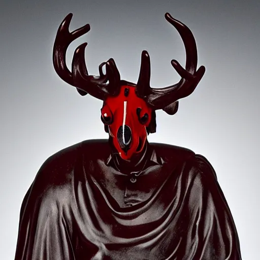 Prompt: an ominous haunting horse mask with many red eyes and twisting antlers figure wearing a black robe, smiling full figure, statue