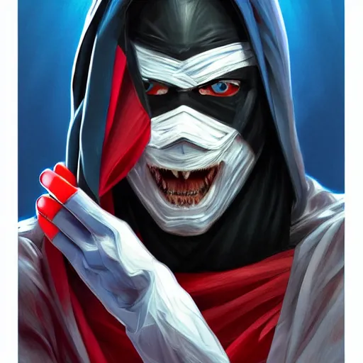 Image similar to ultra realistic illustration, man with black hair with a black mask, in a hood in the form of a blue shark with white teeth, red and blue eyes, mysterious, poker man, highly detailed, digital painting, artstation, concept art, smooth, sharp focus, illustration, art by artgerm and greg rutkowski and alphonse mucha