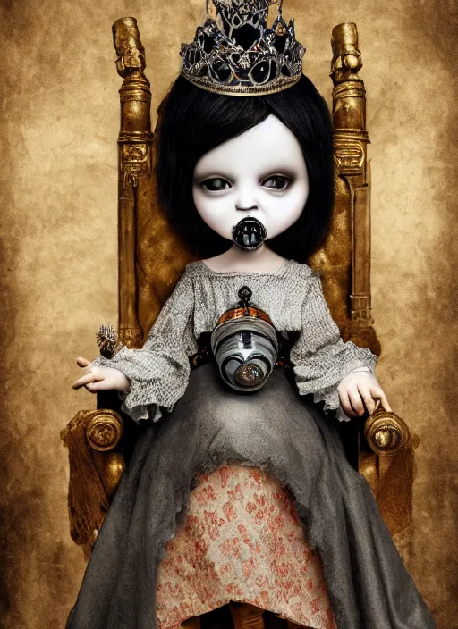 Image similar to highly detailed closeup portrait of a goth medieval princess wearing a crown and a gas mask sitting on a throne, nicoletta ceccoli, mark ryden, lostfish, global illumination, god rays, detailed and intricate environment