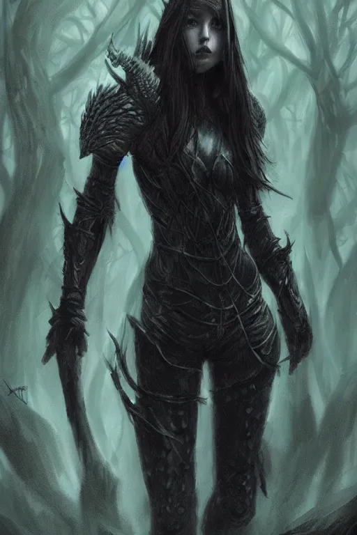 Image similar to dramatic dark forest scenery, girl with sharp fangs in hide leather armor, high fantasy concept art, poster