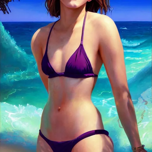 Image similar to highly detailed painting of emma watson wearing a bikini, gta 5 cover art, stephen bliss, 8 k, by greg rutkowski, loish, rhads, artgerm, global illumination, radiant light, detailed and intricate environment