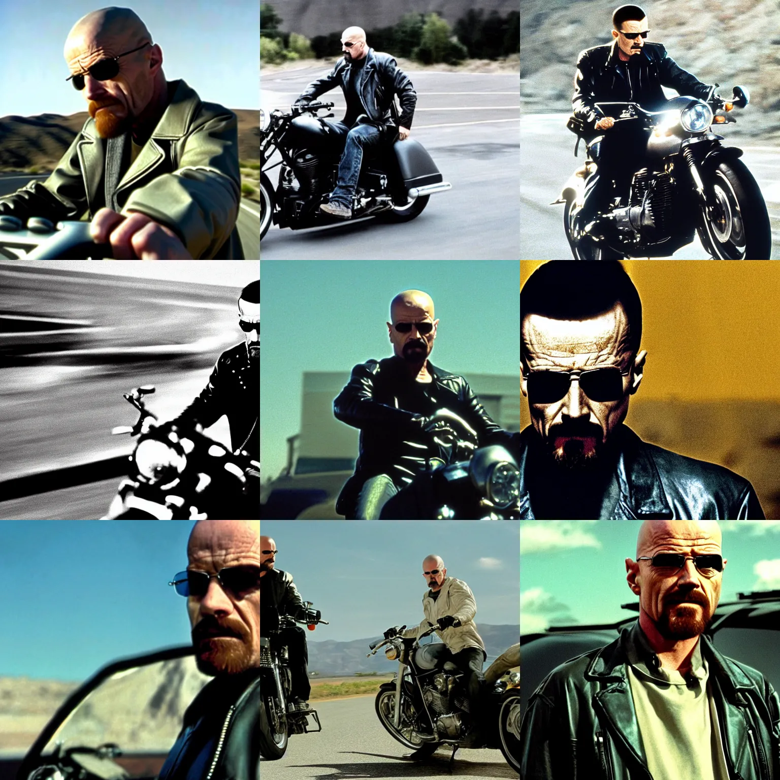 Prompt: walter white driving a motorcycle wearing a leather jacket, aviator sunglasses, still image of the matrix, movie clip, film photograph, freeway, sharp focus