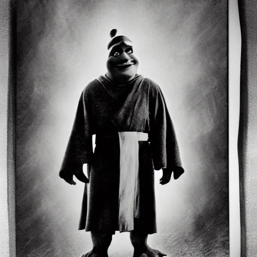 Prompt: A vintage photo of Shrek wearing Jedi robes, foggy, portrait