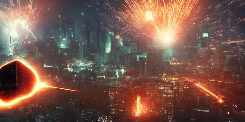 Prompt: gigantic morgan freeman destroying a city throwing lasers from his eyes, night, realism, 4 k, octane render, award winning photograph, realistic, cinematic shot