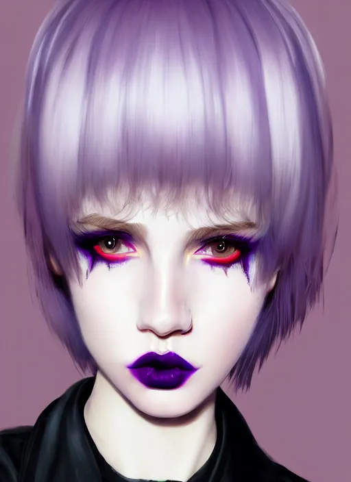 Image similar to portrait of white teenage girl, normal face, white bangs, mall goth, cyberlox, black and white hair, bangs, fluffy bangs, red contact lenses, purple lipstick, intricate, elegant, highly detailed, digital painting, artstation, concept art, sharp focus, smooth, illustration, art by wlop, mars ravelo and greg rutkowski