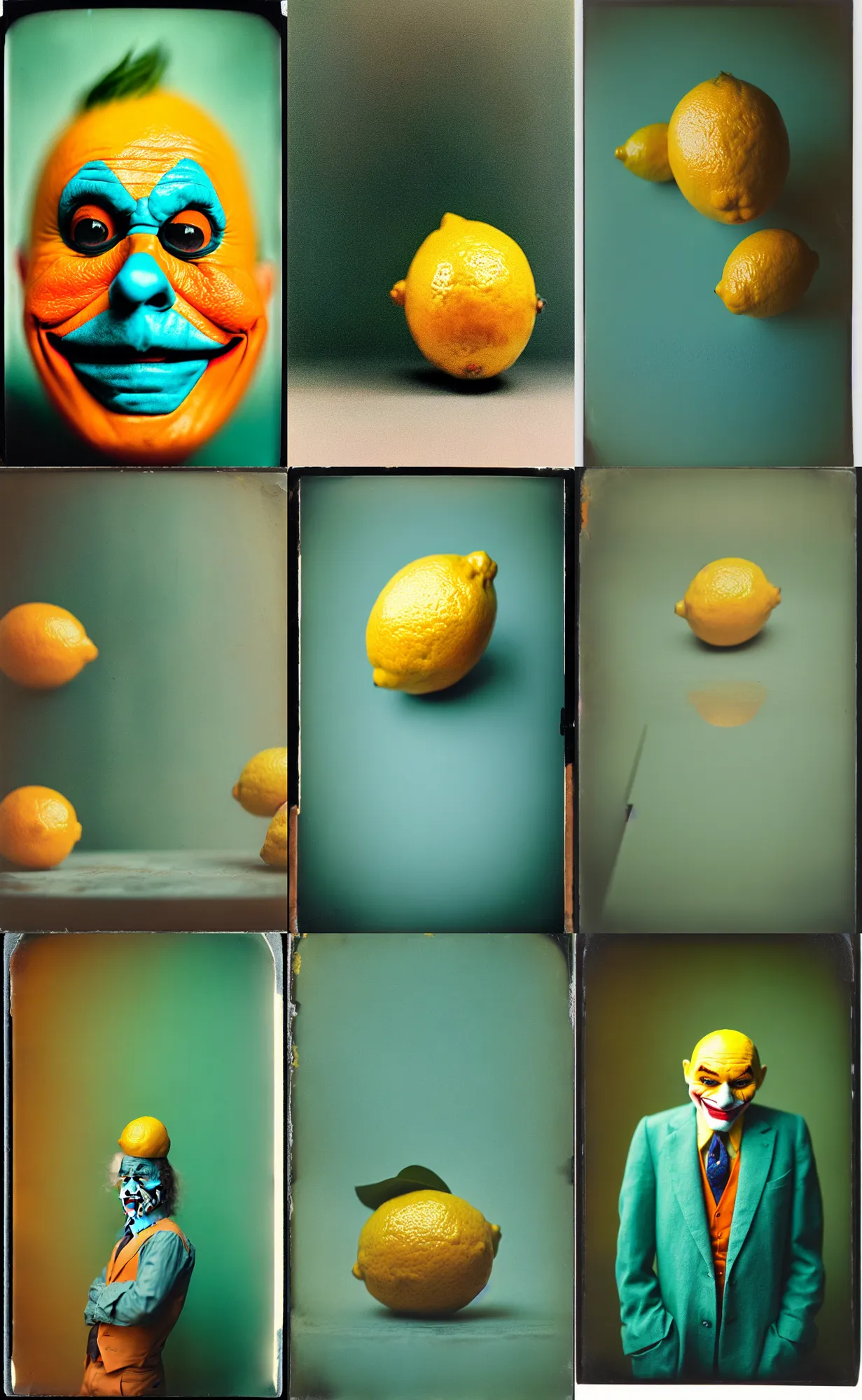 Image similar to kodak portra 4 0 0, wetplate, 8 k, shot of a highly detailed, britt marling style, colour still - life portrait of a lemon looks like 1 9 9 9 joker, teal and orange, muted coloures