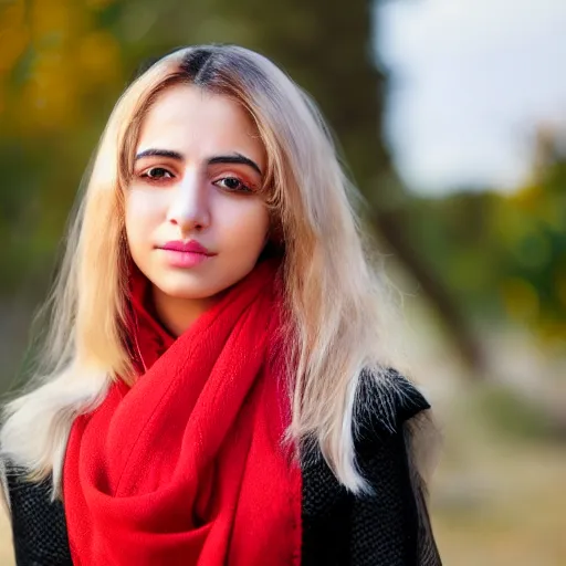 Image similar to A photorealistic portrait of an Iranian young woman with long blonde hair wearing a red scarf, DSLR Photograph, 8k