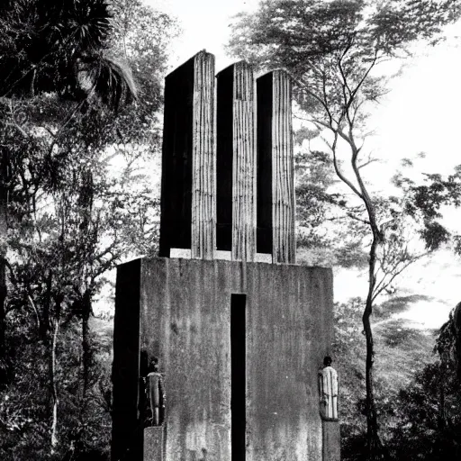 Image similar to lost film footage of a sacred brutalism totem in the middle of the tropical jungle / film still / cinematic / enhanced / 1 9 2 0 s / black and white / grain