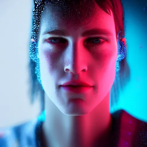 Prompt: a human portrait made out of rain, neon light, beautiful, rendered in octane, unreal engine, realistic