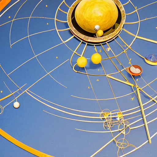 Image similar to a kinetic sculpture of this solar system, sun, orrery, canon 5 d 5 0 mm lens, papier - mache, studio, circa 3 0 6 0