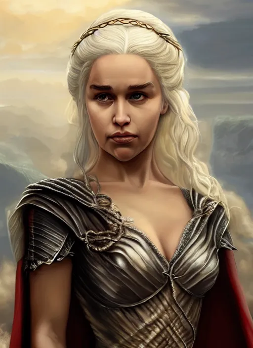 Prompt: queen daenerys stormborn, by anne stokes and larry elmore, detailed matte painting, realistic portrait, symmetrical, highly detailed, digital painting, artstation, concept art, smooth, sharp focus, illustration, cinematic lighting, 8 k resolution