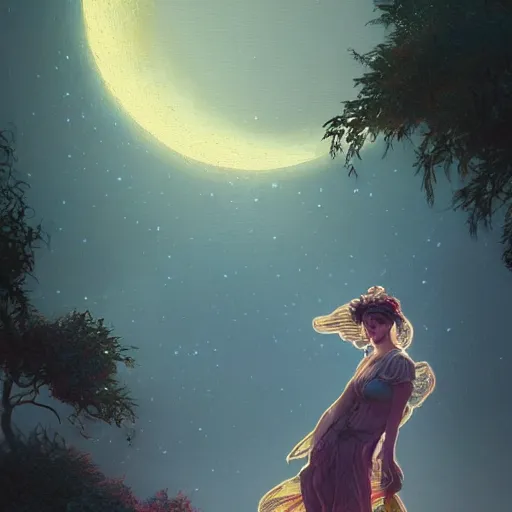 Image similar to retro moon beutiful lights stars in the background atmosferic digital painting, artstation, concept art, soft light, hdri, smooth, sharp focus, illustration, fantasy, intricate, elegant, highly detailed, D&D, matte painting, in the style of Greg Rutkowski and Alphonse Mucha and artemisia, 8k, highly detailed, jurgens, rutkowski, bouguereau, pastoral, rustic, georgic