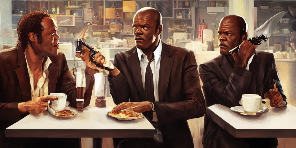 Image similar to painting pulp fiction movie highly detailed full - body samuel l jackson and john travolta posing in cafe, perfect symmetrical eyes, by eddie mendoza and tyler edlin, 8 k resolution, digital art, hyper realistic