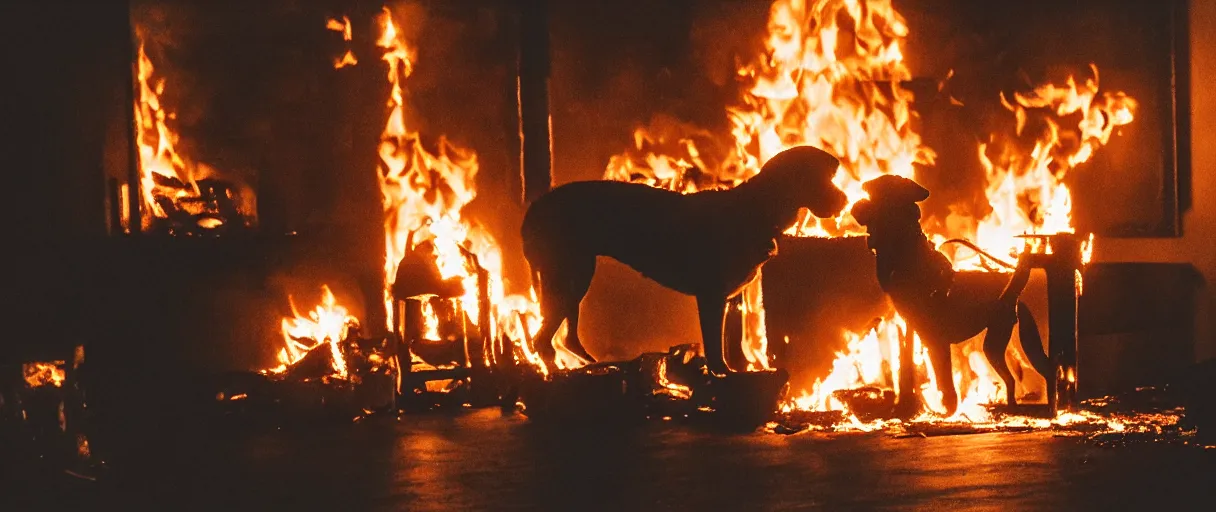 Image similar to a photograph of a big fire on a dining room on fire, an human-like relaxed dog sitting on a wooden chair at a table (no fire at all there), ☕ on the table, surrounded by flames, a lot of flames behind the dog, black smoke instead of the ceiling, no watermark