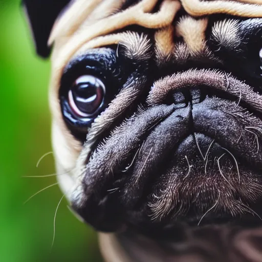 Image similar to closeup of a pug with moss growing out of its face folds, macro photography, overgrown pug, high resolution photo, trending on artstation