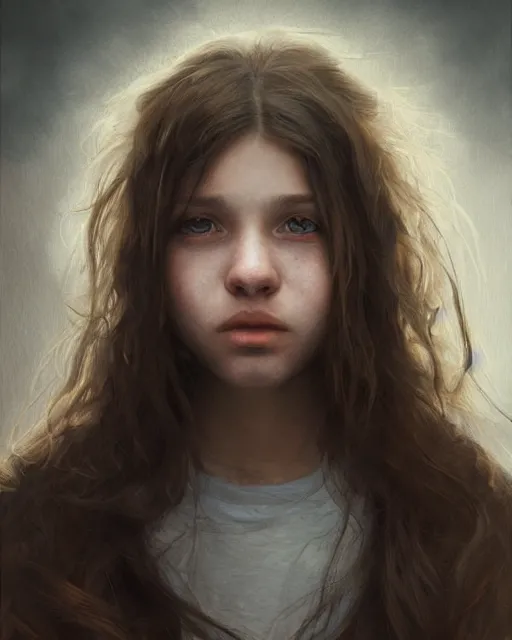 Image similar to portrait of 1 5 - year - old girl with thick brown hair, large front teeth, and bright piercing brown eyes, hyper realistic face, beautiful eyes, fantasy art, in the style of greg rutkowski, intricate, hyper detailed, smooth